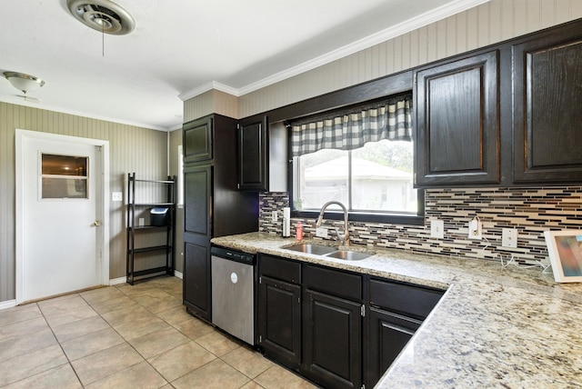 1442 W Water St, Weatherford, TX 76086 - kitchen featuring dishwasher, tasteful backsplash, ornamental molding, and light tile patterned flooring
