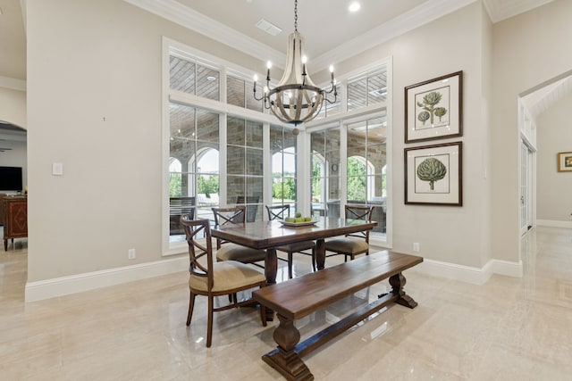 1806 Scenic Cir, Westlake, TX 76262 - dining space featuring healthy amount of natural light, ornamental molding, a high ceiling, a chandelier, and recessed lighting