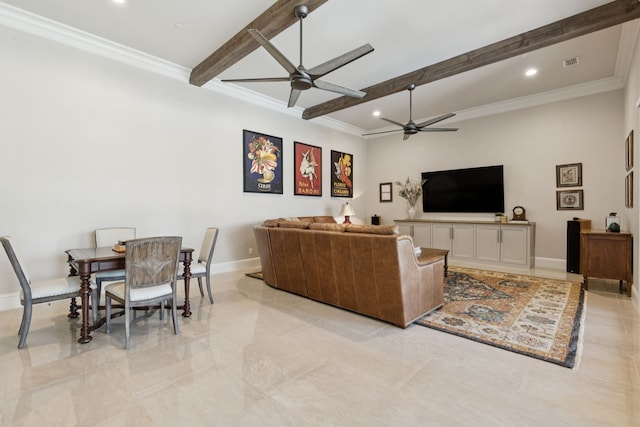 1806 Scenic Cir, Westlake, TX 76262 - living area with a ceiling fan, beamed ceiling, ornamental molding, and recessed lighting