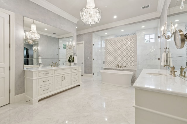 1806 Scenic Cir, Westlake, TX 76262 - bathroom with a chandelier, crown molding, marble tiled floors, two vanities, and a shower stall