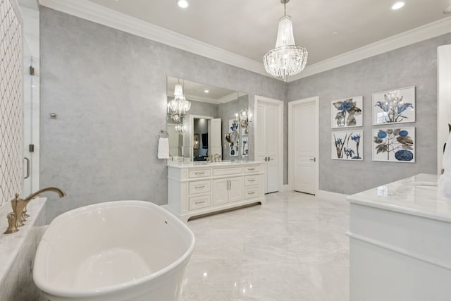 1806 Scenic Cir, Westlake, TX 76262 - bathroom with a chandelier, vanity, a freestanding tub, ornamental molding, and marble tiled flooring