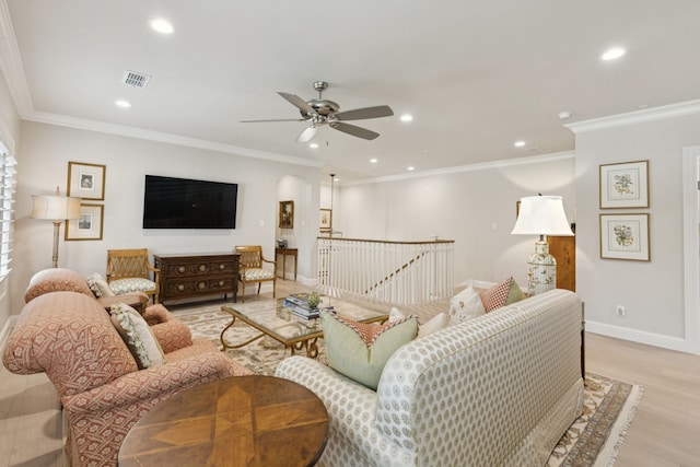 1806 Scenic Cir, Westlake, TX 76262 - living area with light wood-type flooring, recessed lighting, a ceiling fan, and ornamental molding