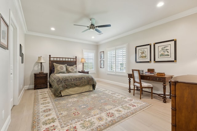 1806 Scenic Cir, Westlake, TX 76262 - bedroom with light wood-style flooring, recessed lighting, ornamental molding, and ceiling fan