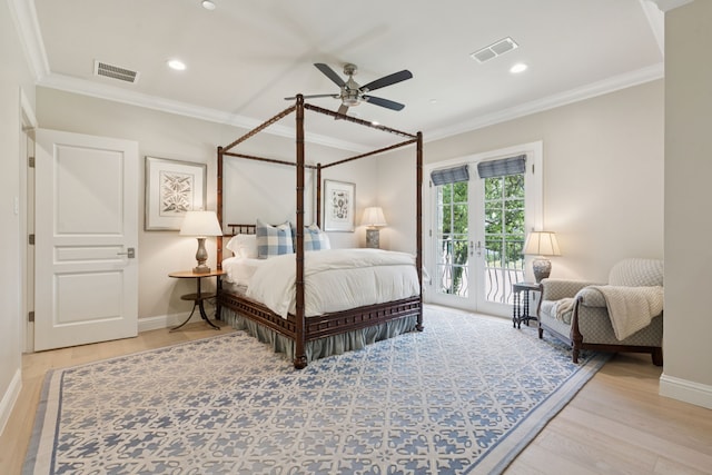 1806 Scenic Cir, Westlake, TX 76262 - bedroom featuring access to outside, ornamental molding, wood finished floors, recessed lighting, and ceiling fan