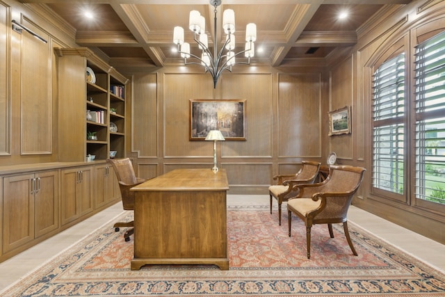 1806 Scenic Cir, Westlake, TX 76262 - home office with crown molding, a decorative wall, a chandelier, and coffered ceiling