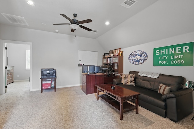 6902 Golf Green Dr, Arlington, TX 76001 - living area featuring a desk, ceiling fan, carpet, recessed lighting, and vaulted ceiling