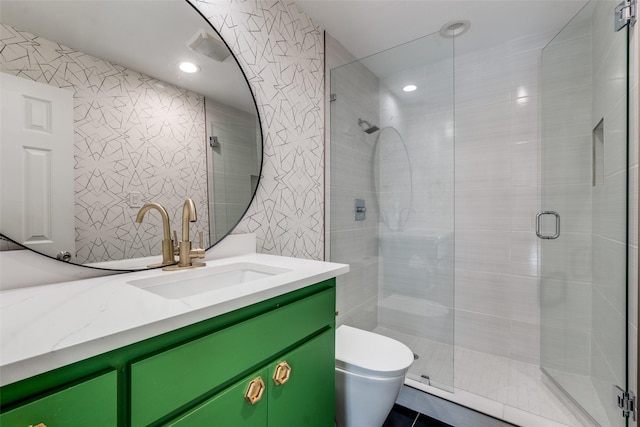 3449 Potomac Ave, Highland Park, TX 75205 - full bath with vanity, a stall shower, tile walls, and recessed lighting