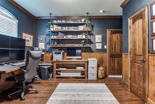 17055 Lochwood Ln, Forney, TX 75126 - office featuring wainscoting, wood finished floors, crown molding, and wooden walls
