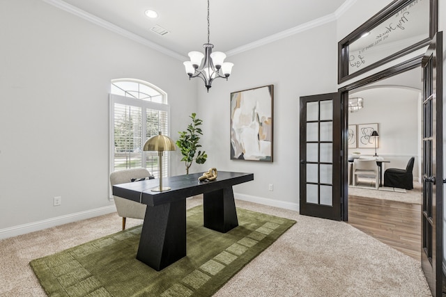 4225 Rustic Timbers Dr, Fort Worth, TX 76244 - office featuring a chandelier, carpet floors, crown molding, french doors, and arched walkways