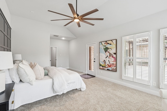4225 Rustic Timbers Dr, Fort Worth, TX 76244 - carpeted bedroom featuring vaulted ceiling, access to outside, multiple windows, and a ceiling fan