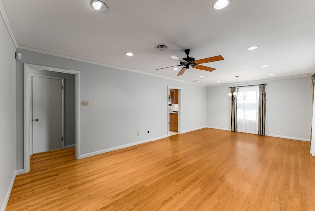 2704 Sunset Ave, Dallas, TX 75211 - empty room with recessed lighting, a ceiling fan, a chandelier, crown molding, and light wood-style floors