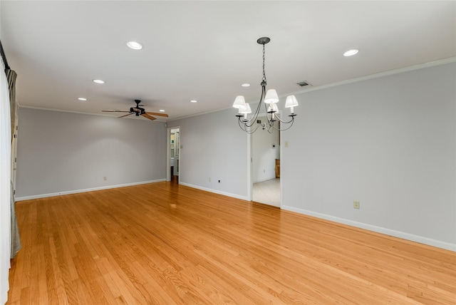 2704 Sunset Ave, Dallas, TX 75211 - spare room featuring ornamental molding, a ceiling fan, a chandelier, recessed lighting, and light wood-type flooring