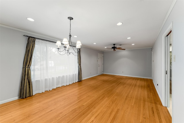 2704 Sunset Ave, Dallas, TX 75211 - empty room with ornamental molding, recessed lighting, a ceiling fan, a chandelier, and light wood-type flooring