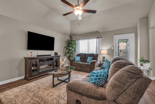 917 N Fork Ranch Rd, Waco, TX 76705 - living room featuring a ceiling fan, wood finished floors, and vaulted ceiling