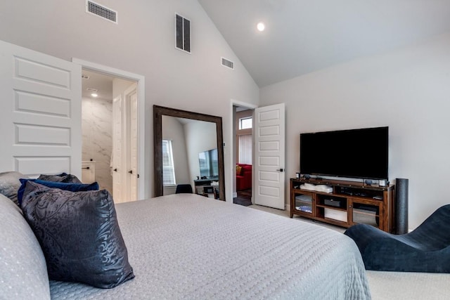 735 Red Fork Dr, Lewisville, TX 75056 - bedroom with high vaulted ceiling, recessed lighting, and ensuite bathroom
