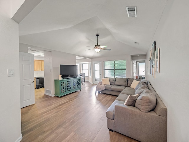 3717 Fairhaven Dr, Fort Worth, TX 76123 - living room with ceiling fan, lofted ceiling, and light wood-style flooring