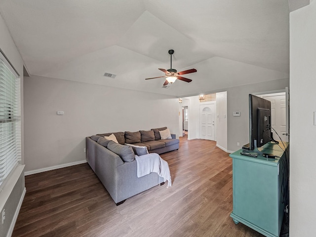 3717 Fairhaven Dr, Fort Worth, TX 76123 - living area featuring a ceiling fan, wood finished floors, and vaulted ceiling