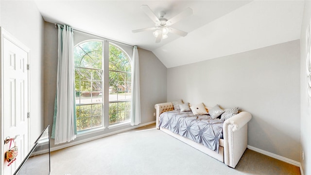 3009 Wood Trl, Flower Mound, TX 75022 - bedroom featuring carpet, vaulted ceiling, and a ceiling fan