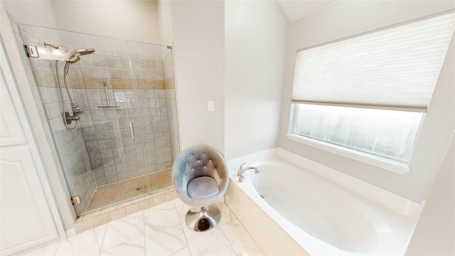 3009 Wood Trl, Flower Mound, TX 75022 - full bathroom with a stall shower, a bath, and marble finish floors