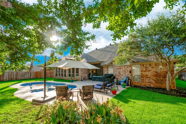 3009 Wood Trl, Flower Mound, TX 75022 - view of pool with a patio, a fenced backyard, a hot tub, and an outdoor living space