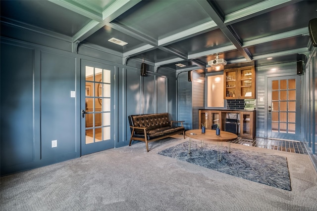 913 Lake Meadows Dr, Rockwall, TX 75087 - sitting room with a decorative wall, coffered ceiling, carpet floors, and beam ceiling