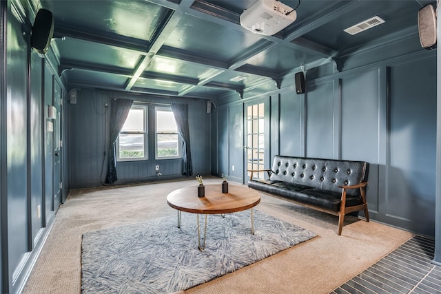 913 Lake Meadows Dr, Rockwall, TX 75087 - living area with a decorative wall, carpet floors, coffered ceiling, and beam ceiling