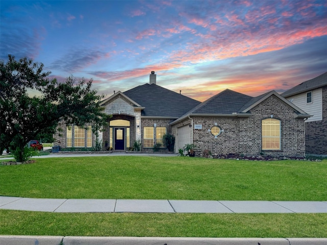 14001 Zippo Way, Fort Worth, TX 76052 - french provincial home featuring a lawn, a garage, a chimney, brick siding, and roof with shingles