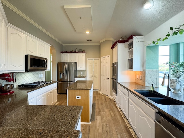 14001 Zippo Way, Fort Worth, TX 76052 - kitchen featuring appliances with stainless steel finishes, white cabinets, decorative backsplash, and crown molding