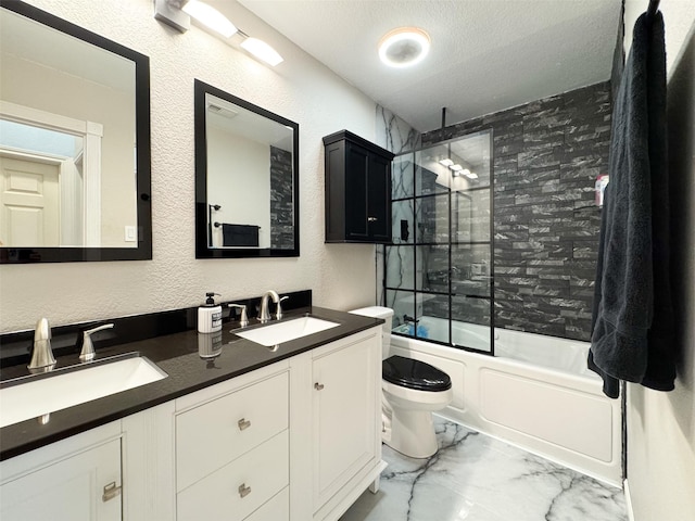14001 Zippo Way, Fort Worth, TX 76052 - bathroom featuring marble finish flooring, a textured wall, double vanity, a combined bath / shower with rainfall shower, and a textured ceiling