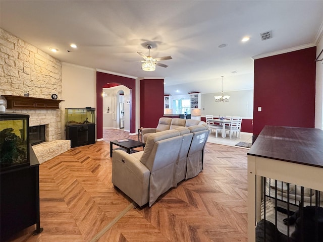 14001 Zippo Way, Fort Worth, TX 76052 - living area featuring arched walkways, a ceiling fan, ornamental molding, a stone fireplace, and a chandelier