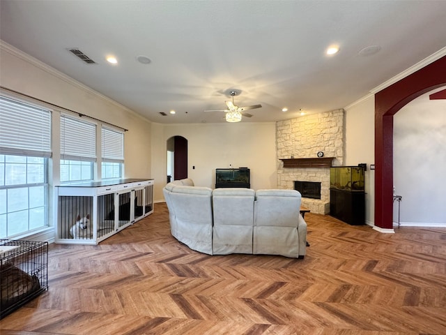 14001 Zippo Way, Fort Worth, TX 76052 - living area featuring arched walkways, ceiling fan, a fireplace, ornamental molding, and recessed lighting