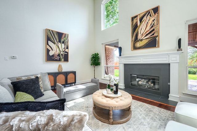3609 Whitehaven Dr, Plano, TX 75093 - living room with wood finished floors, a fireplace with flush hearth, healthy amount of natural light, and a towering ceiling