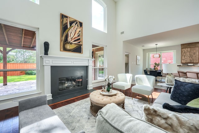 3609 Whitehaven Dr, Plano, TX 75093 - living room with healthy amount of natural light, wood finished floors, a towering ceiling, and a fireplace