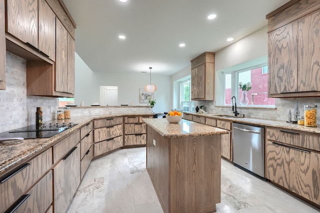 3609 Whitehaven Dr, Plano, TX 75093 - kitchen featuring stainless steel dishwasher, black electric cooktop, decorative backsplash, a peninsula, and recessed lighting