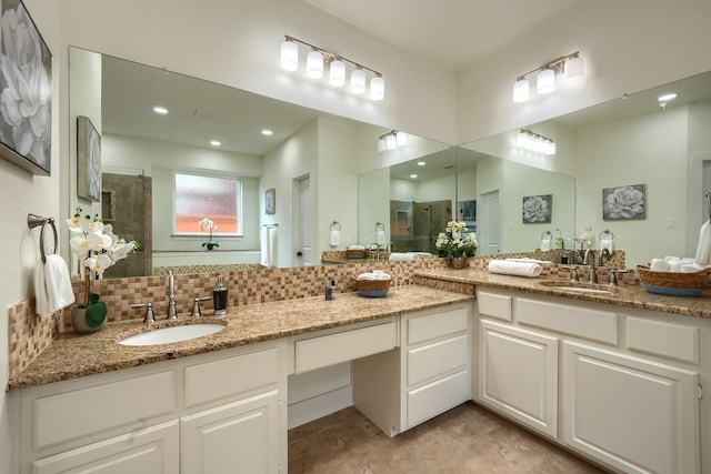 3609 Whitehaven Dr, Plano, TX 75093 - full bath with a stall shower, double vanity, tasteful backsplash, tile patterned flooring, and recessed lighting