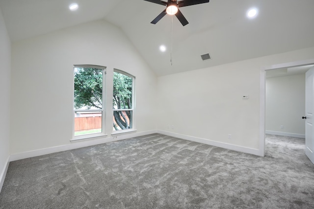 3609 Whitehaven Dr, Plano, TX 75093 - empty room with ceiling fan, carpet, recessed lighting, and vaulted ceiling