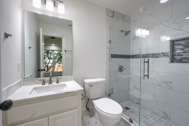 3609 Whitehaven Dr, Plano, TX 75093 - full bathroom with a marble finish shower, vanity, a ceiling fan, and a textured wall