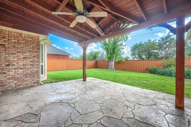3609 Whitehaven Dr, Plano, TX 75093 - fenced backyard featuring ceiling fan and a patio