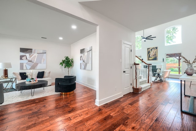 3609 Whitehaven Dr, Plano, TX 75093 - living area featuring wood-type flooring, ceiling fan, stairway, and recessed lighting