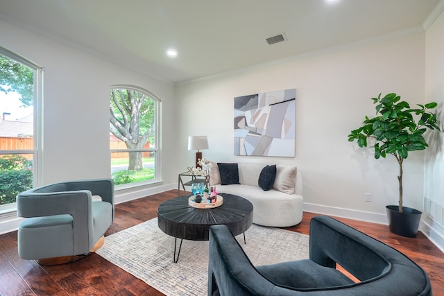 3609 Whitehaven Dr, Plano, TX 75093 - living room featuring plenty of natural light, crown molding, wood finished floors, and recessed lighting