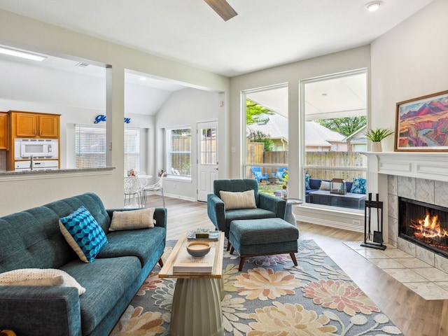 5117 Forest Lawn Dr, Mckinney, TX 75071 - living area with light wood finished floors, a fireplace, and vaulted ceiling