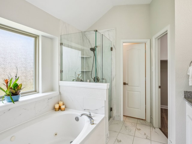 5117 Forest Lawn Dr, Mckinney, TX 75071 - bathroom with a marble finish shower, a tub with jets, marble finish flooring, a walk in closet, and lofted ceiling