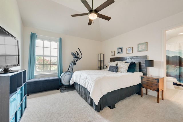 1021 Springtown St, Forney, TX 75126 - bedroom with light carpet, vaulted ceiling, and ceiling fan