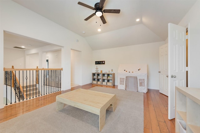 1021 Springtown St, Forney, TX 75126 - living area featuring a ceiling fan, light wood-style floors, recessed lighting, and lofted ceiling