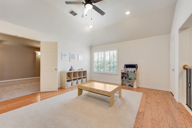 1021 Springtown St, Forney, TX 75126 - living room featuring light wood-style flooring, ceiling fan, lofted ceiling, and recessed lighting