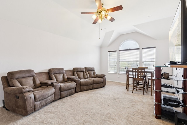8501 Viridian Ln, Fort Worth, TX 76123 - living room with carpet floors, a ceiling fan, and lofted ceiling