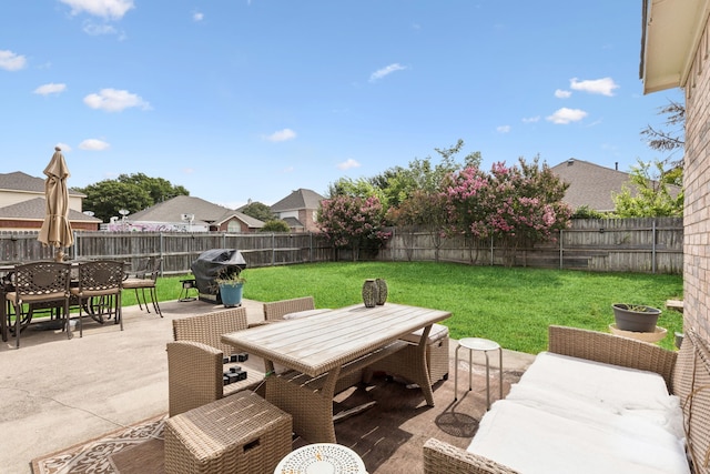 8501 Viridian Ln, Fort Worth, TX 76123 - fenced backyard with outdoor dining space, a patio, and area for grilling