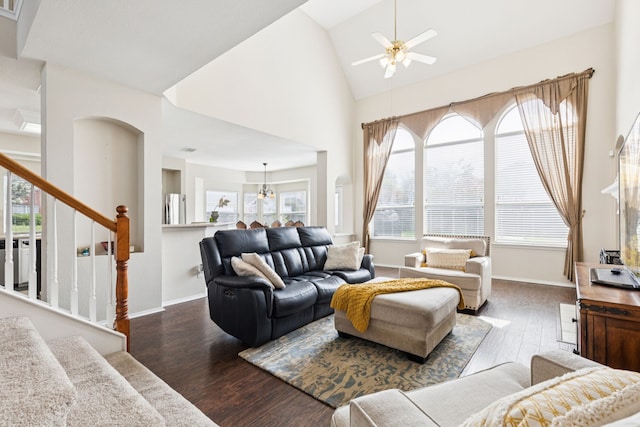 8501 Viridian Ln, Fort Worth, TX 76123 - living area with dark wood-style floors, ceiling fan, stairs, and high vaulted ceiling