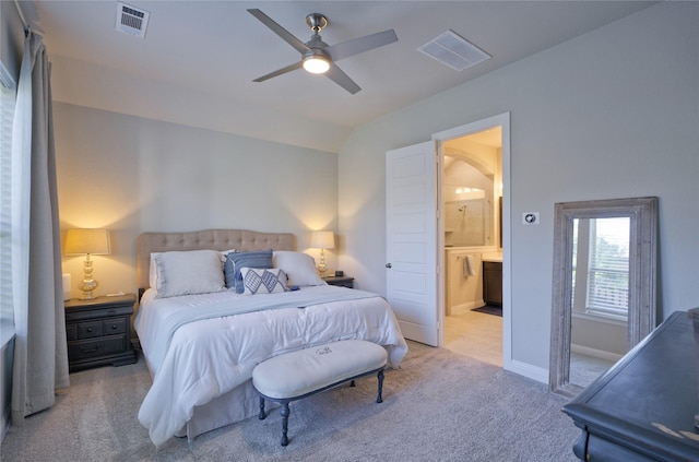 9513 Blue Stem Ln, Little Elm, TX 75068 - bedroom featuring carpet floors, vaulted ceiling, ensuite bath, and a ceiling fan
