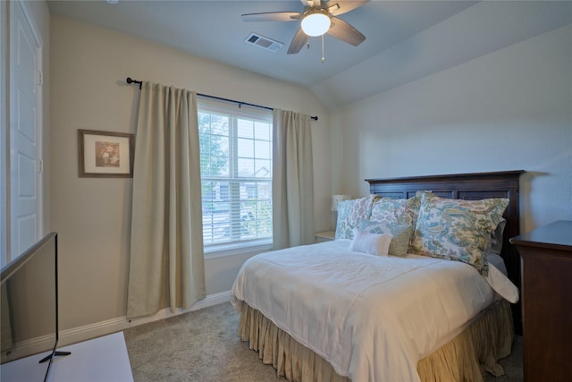 9513 Blue Stem Ln, Little Elm, TX 75068 - bedroom featuring light carpet, vaulted ceiling, and ceiling fan